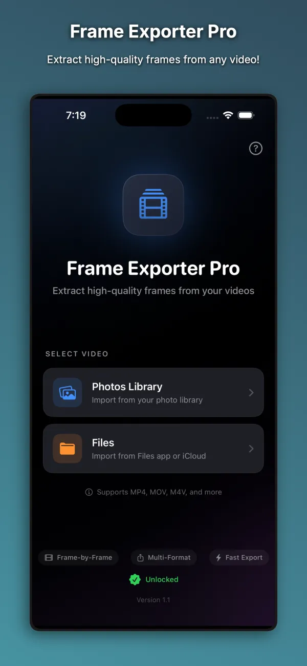 Frame Exporter Pro start screen with Photos Library and Files import buttons