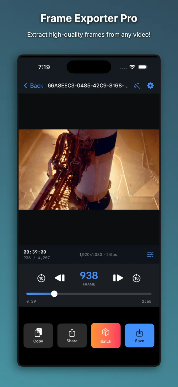Frame Exporter Pro video player at frame 938 with frame step controls and Copy, Share, Batch and Save buttons
