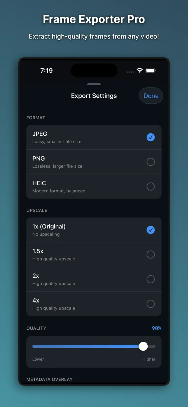 Frame Exporter Pro export settings with JPEG, PNG and HEIC formats, upscale options and a quality slider