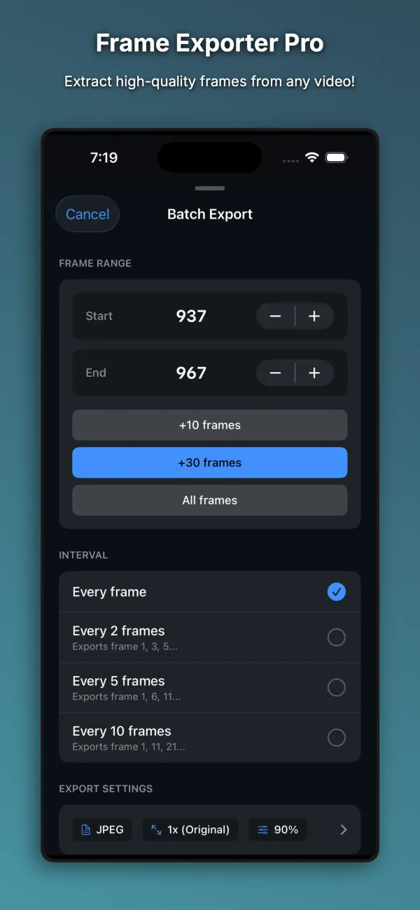 Frame Exporter Pro batch export with a start and end frame range and interval options