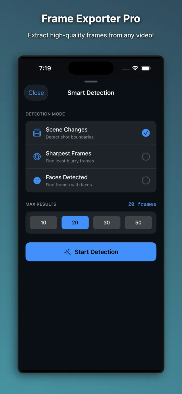 Frame Exporter Pro smart detection with scene change, sharpest frame and face detection modes