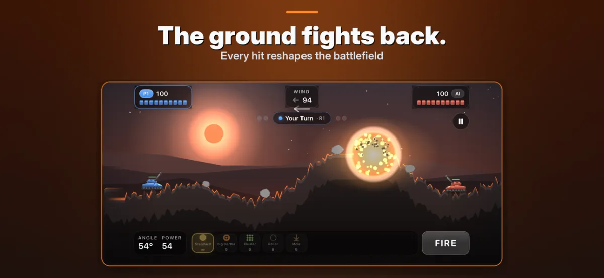 Tank Battle Wars shot exploding on destructible terrain with wind shown at the top