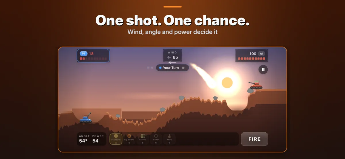 Tank Battle Wars shell in flight with angle and power settings