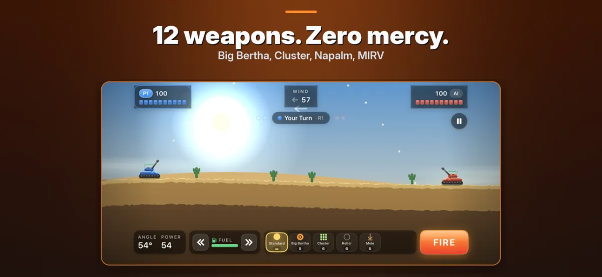Tank Battle Wars desert battle with the weapon selector