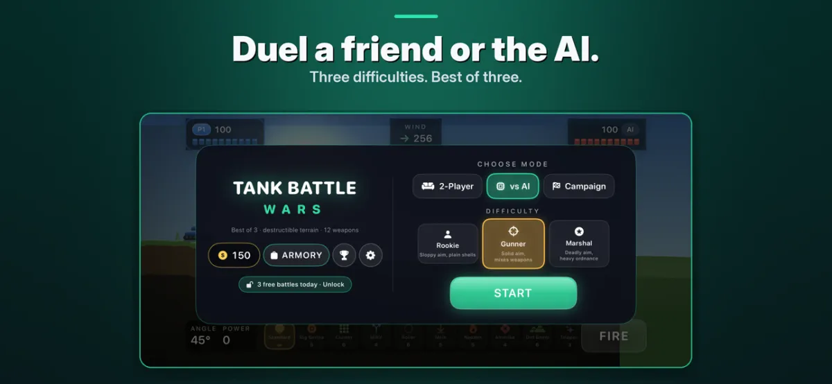 Tank Battle Wars mode picker with 2-Player, vs AI and Campaign and three difficulties